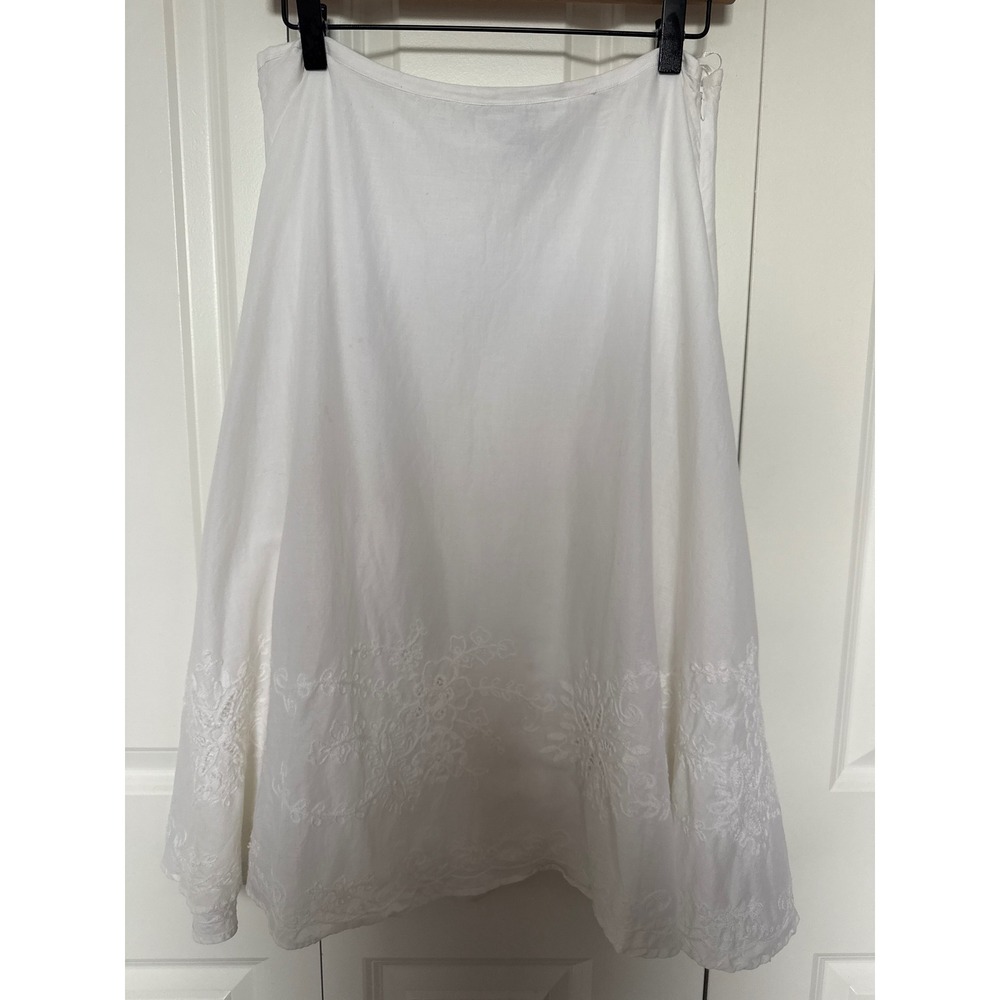 Lauren Ralph Lauren White Cotton Embroidered Floral Midi Skirt Size 10